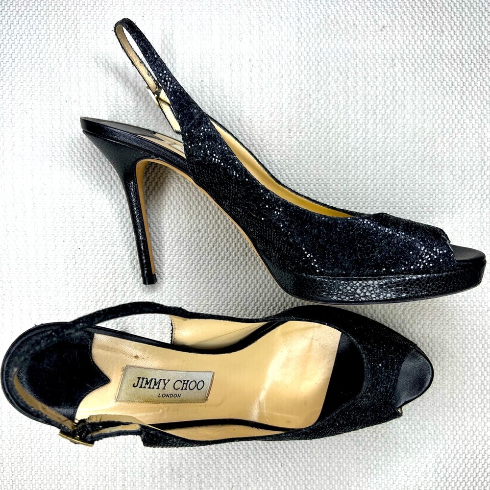 JIMMY CHOO BLACK CHAMPAGNE SLINGBACK SANDALS